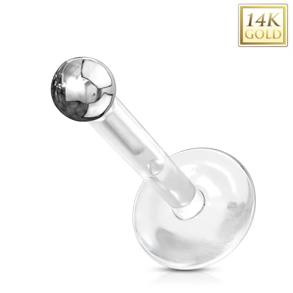 Labret Piercing Od Bijelog Zlata I Prozirni Bio Flex Mala Sjajna Loptica Scaled